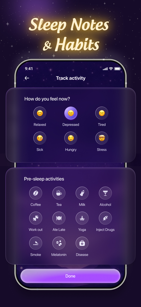Sleep Log – Snore Record - Screenshot of Sleep Log app showing mood and pre sleep activity tracker