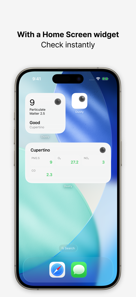 Widgets de la aplicación de calidad del aire Dusty en la pantalla de inicio de un iPhone que muestran niveles de contaminantes en tiempo real para Cupertino