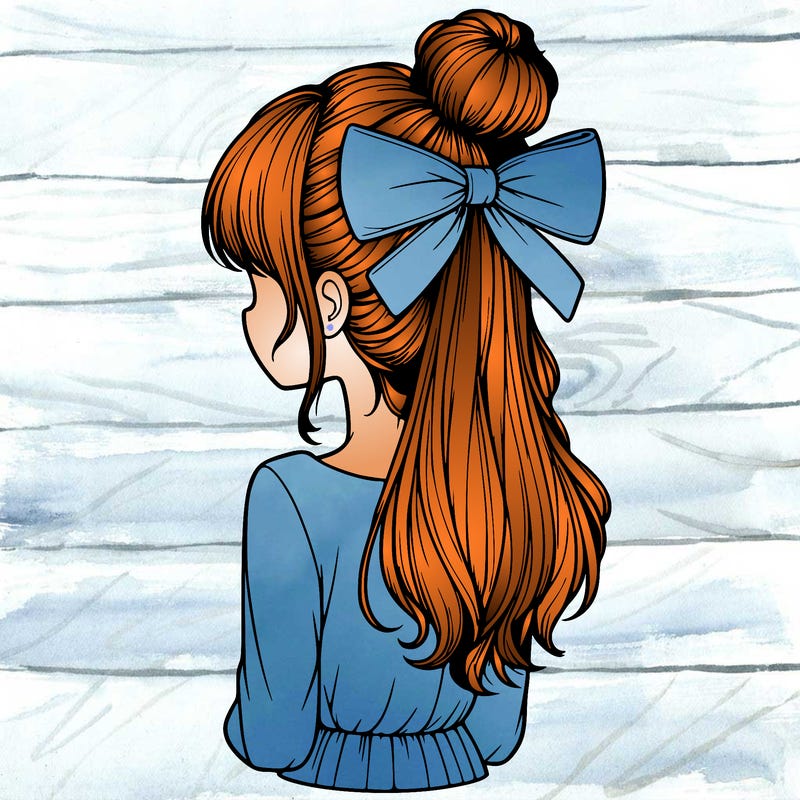 realistic girl  with hip length hair a bun and a big bow on the back of head