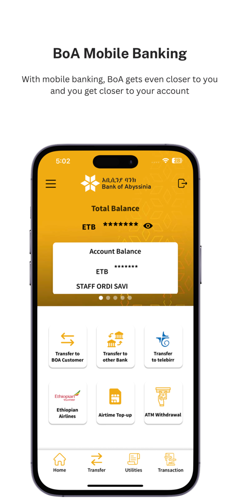 BoAMobile - Panel de la aplicación de banca móvil del Bank of Abyssinia con saldo de cuenta y opciones de transferencia.