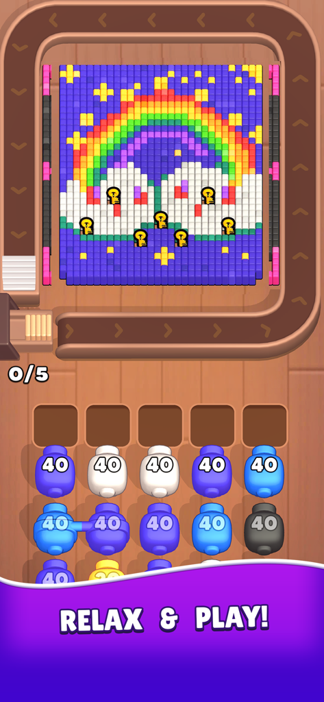 Gameplay screen of Color Blaze Shooter showing a pixel art rainbow puzzle and colorful cannon characters.