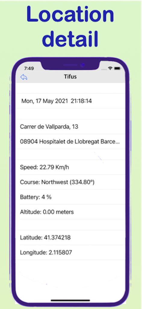 SpeakApp interface showing detailed GPS tracking data including address speed and battery level for a contact