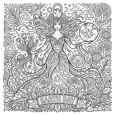 Embrace the spirit of conservation with this stunning Earth Day coloring page, depicting a majestic personification surrounded by elements of nature and sustainability. This intricate design invites you to bring vibrant life to our planet's guardian, perfect for celebrating environmental awareness.