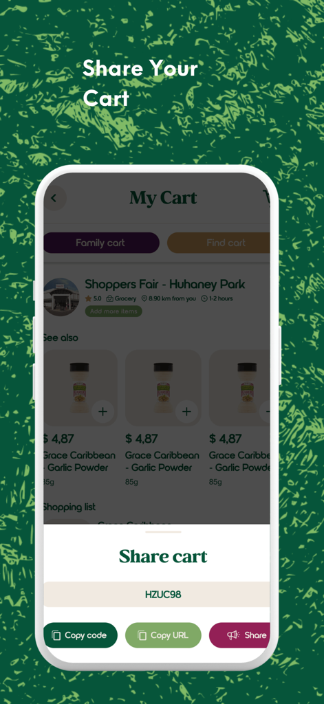 GroceryList Jamaica app screen showing the share cart popup with options to copy a code or URL