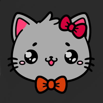 kawaii cat with a bow tie hanging from his ear