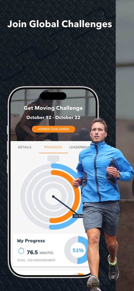 Sworkit mobile app showing a fitness challenge progress ring and a runner
