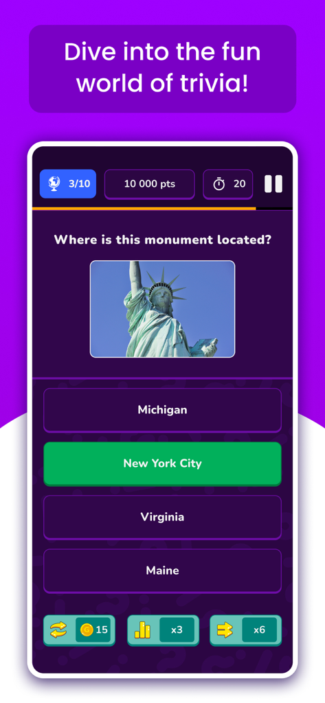 Quizit - Trivia and Knowledge - Quizit trivia game screen showing a question about the Statue of Liberty and multiple choice answers