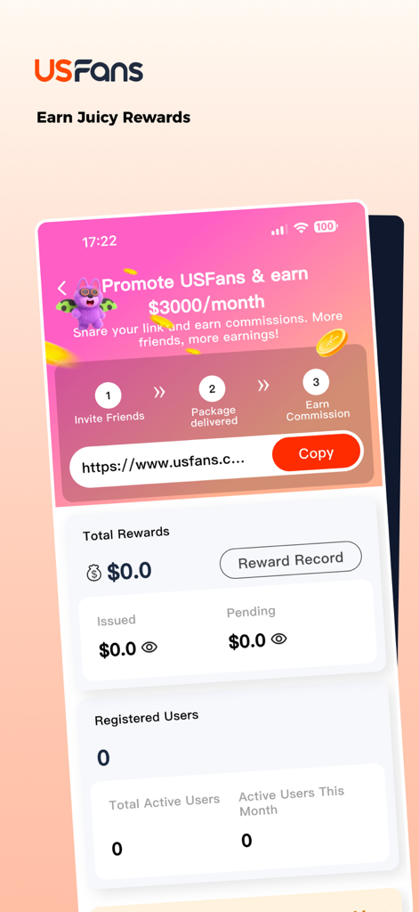 USFans-Shop China,ShipAnywhere - USFans app dashboard for the referral program showing potential earnings and rewards status.