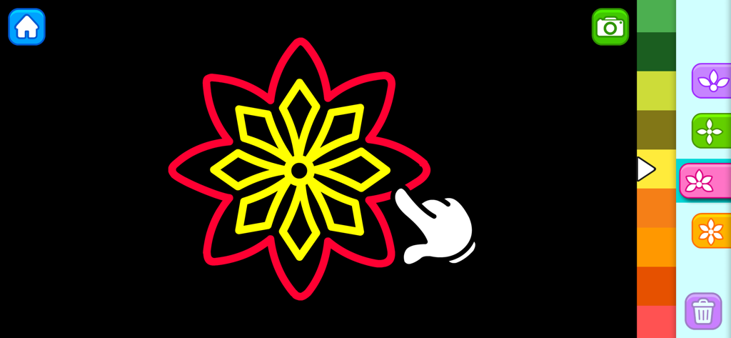 Kids Drawing & Coloring Game - Un enfant colorie une fleur mandala jaune et rouge dans l'interface d'une application de dessin éducative.