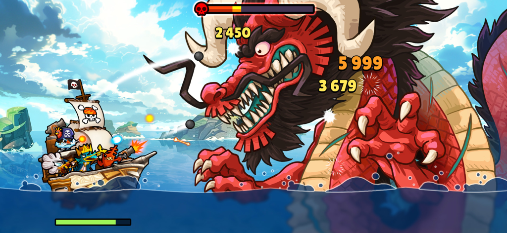 Bounty Bash - A pirate ship and crew battling a giant red sea dragon boss in Bounty Bash