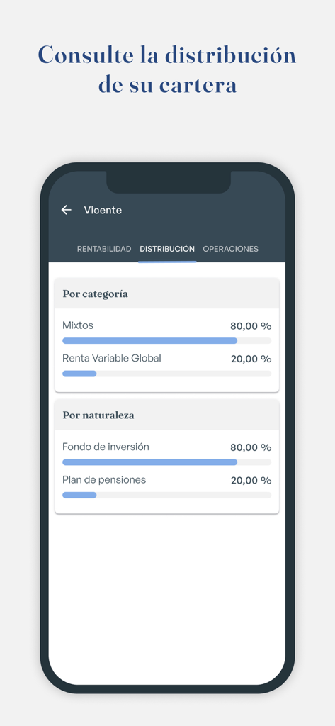 Interfaz de la aplicación móvil Tressis que muestra la distribución de la cartera por categoría y tipo de activo con barras porcentuales