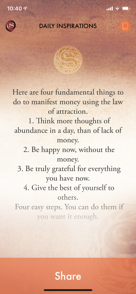The Secret To Money - Daily inspiration screen listing four steps to manifest money using the law of attraction