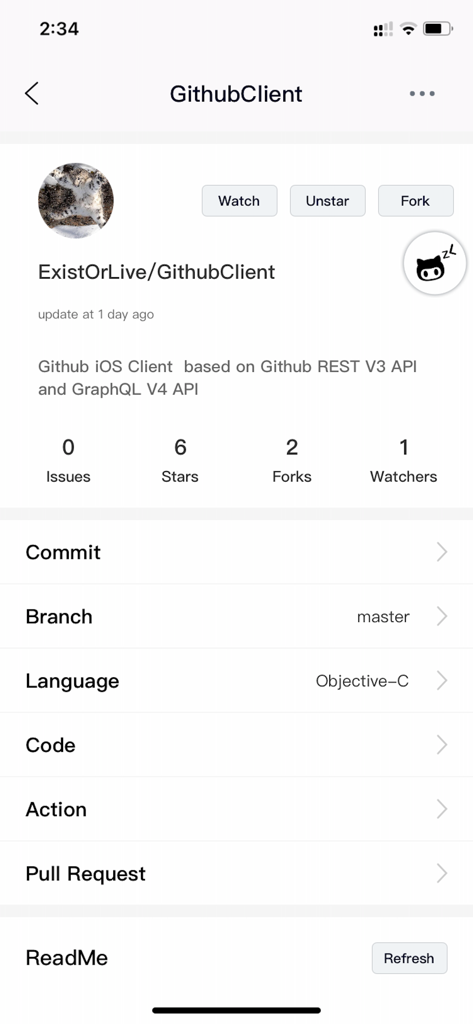ZLGithubClient - Interface do aplicativo ZLGithubClient exibindo informações do repositório do GitHub, incluindo estrelas, forks e branch de código
