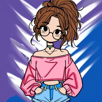 girl with a messy ponytail glasses a baggy crop top and jean shorts