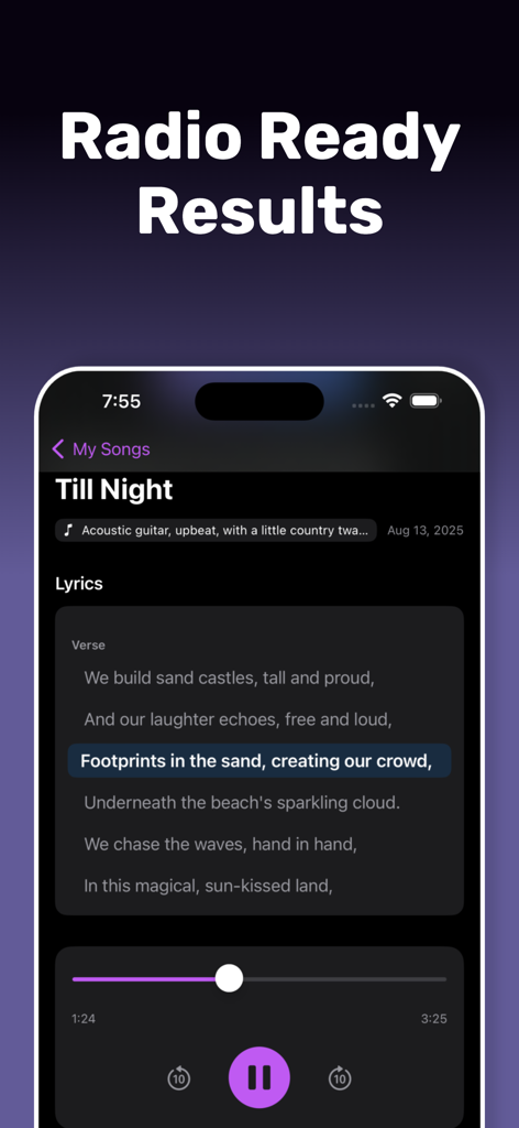 iPhone screen showing the Jamify app interface with synchronized lyrics and a music player for an AI generated song titled Till Night.