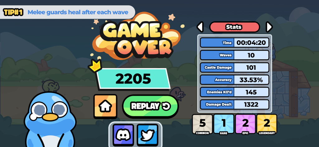 Waddle Wars: Roguelike Defense - Pantalla de fin de juego de Waddle Wars con un pingüino azul llorando y estadísticas de la partida del jugador