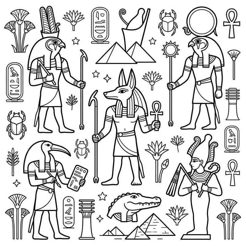 Embark on an exciting journey to Ancient Egypt with this vibrant coloring page featuring iconic gods like Horus, Anubis, and Thoth. Designed for kids aged 4-8, it offers a fun and educational way to explore fascinating mythology.