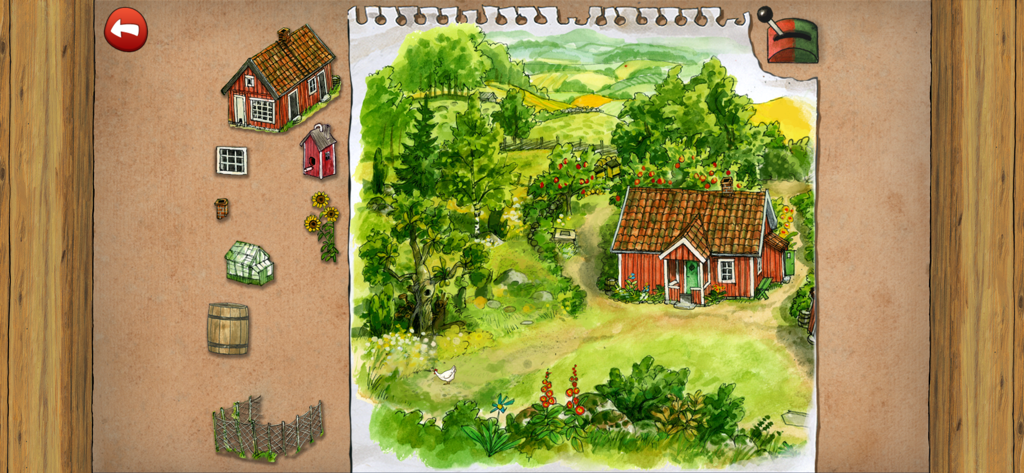 Pettson's Inventions 2 - A hand-drawn watercolor scene of a farm landscape with various draggable building parts on the side for a logic puzzle.