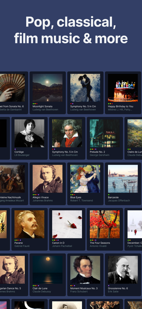 Eine Bibliothek von Klaviersongs aus verschiedenen Genres wie Pop und Klassik in der flowkey App