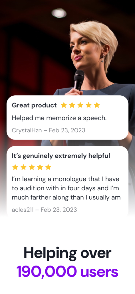 Public speaker with positive app reviews for Memorize lines MemoCoach showing it helps over 190000 users