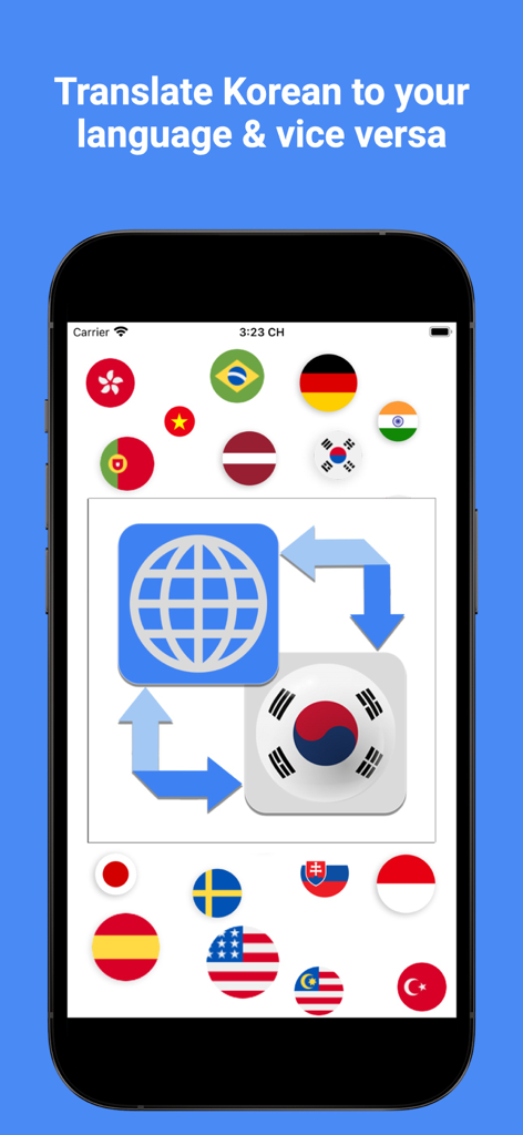 Korean Translator Pro + - A smartphone screen displaying the Korean Translator Pro app with a central bilingual translation icon surrounded by various international flags.