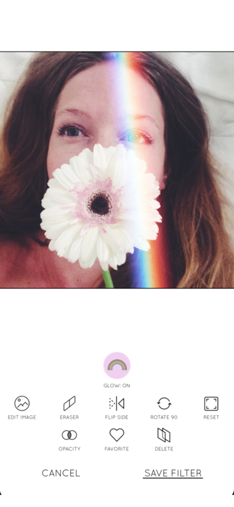 Rainbow Love - Interface of Rainbow Love app featuring a portrait with a rainbow light leak filter and various editing tools
