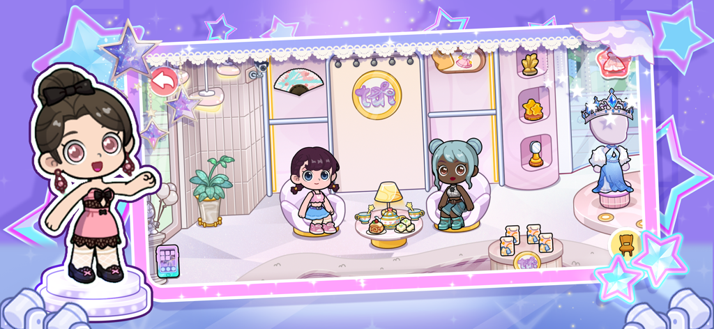 Two cute characters having tea in a fashionable pink boutique with a blue dress on display