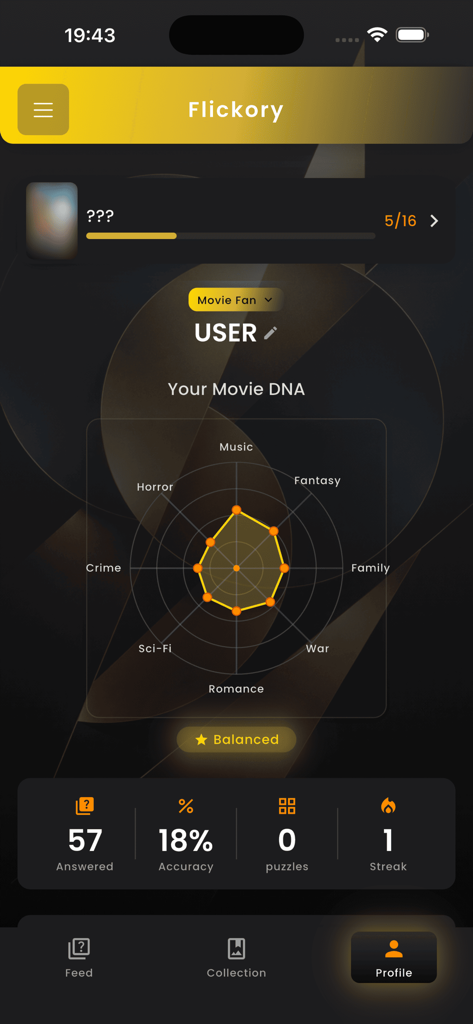 Flickory - A profile screen from the Flickory app showing a Movie DNA radar chart with stats for answered questions, accuracy, and streak.
