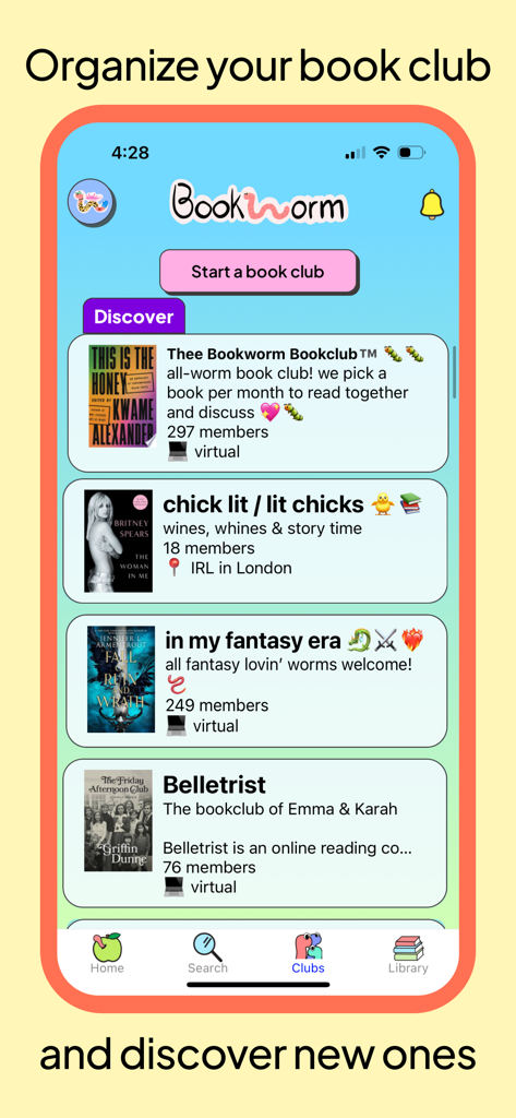 Bookworm Reads - A mobile app interface from Bookworm Reads showing a list of diverse book clubs for users to join and organize.