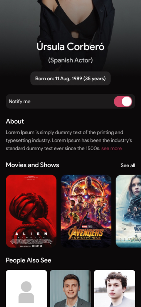 Página de perfil del actor Úrsula Corberó en The Movie App mostrando biografía y películas relacionadas