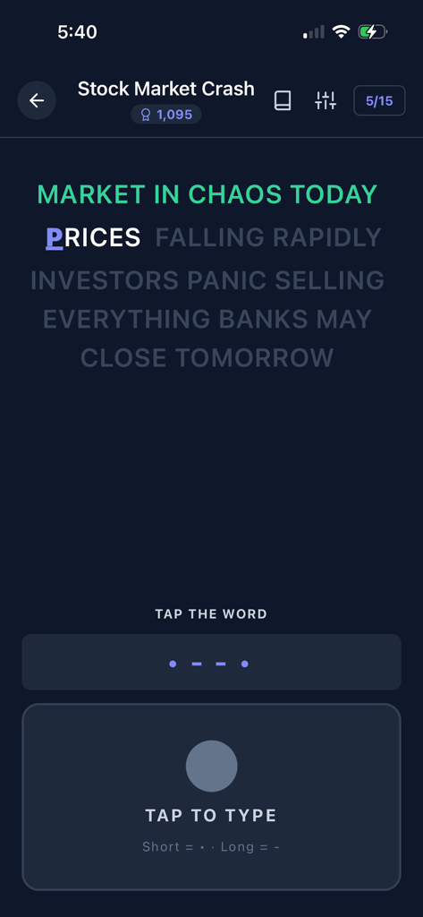 モールス解読アプリのストーリーモードにおけるモールス信号練習インターフェース。