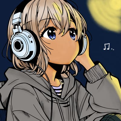 manga character that listen a music with headphone