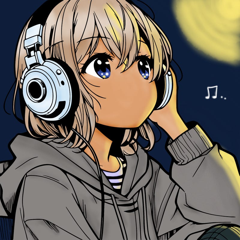 manga character that listen a music with headphone