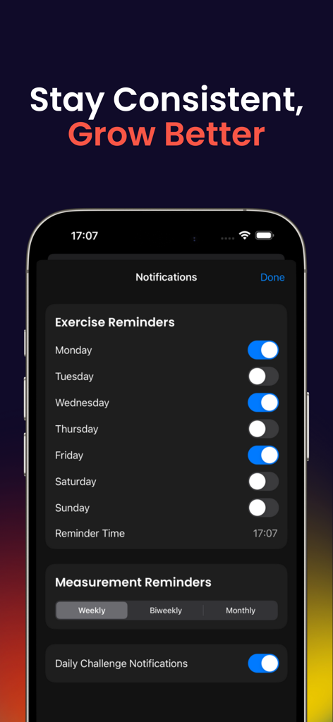 HeightMax app settings screen showing exercise reminders and daily challenges