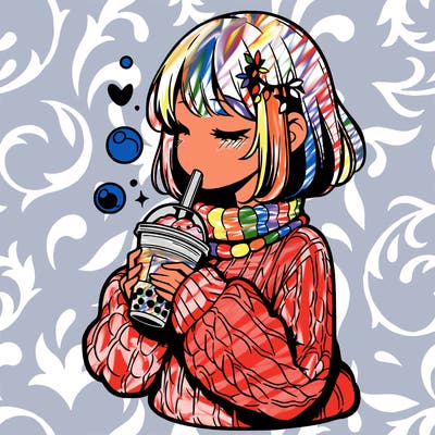 manga girl drinking boba in cozy sweater