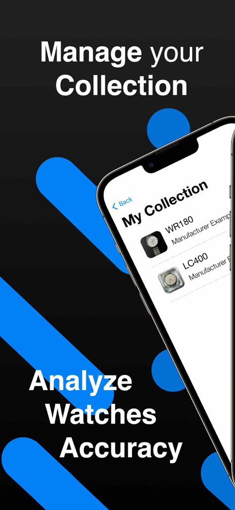 Watch Repair Accuracy Tuner AI - Pantalla de iPhone que muestra una lista de relojes en una aplicación de gestión de colecciones