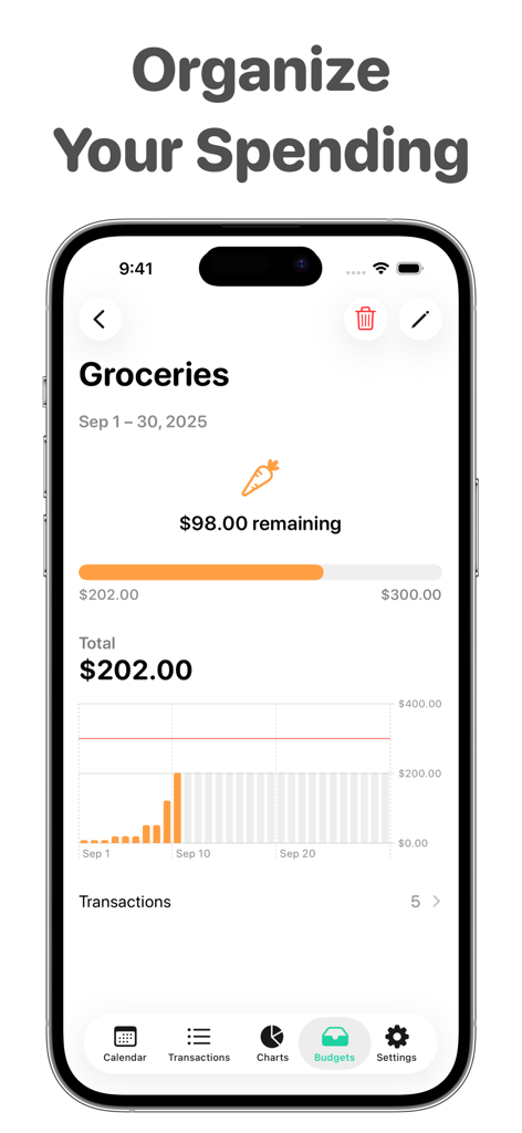 Budget Calendar: Simple Money - A clean mobile interface showing grocery budget tracking with spending charts and remaining balance.