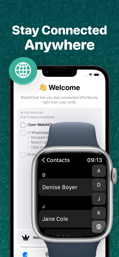 WatchChat 2 app interface showing setup checklist on an iPhone and a contacts list on an Apple Watch