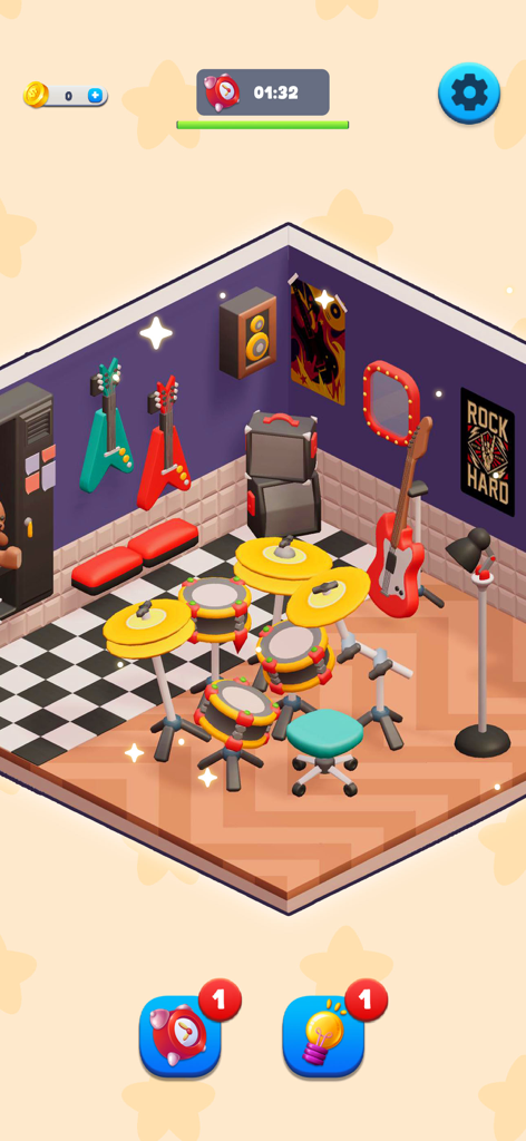 A cozy 3D music room in Dreamy Architect featuring a drum kit, electric guitars on the wall, and rock posters.