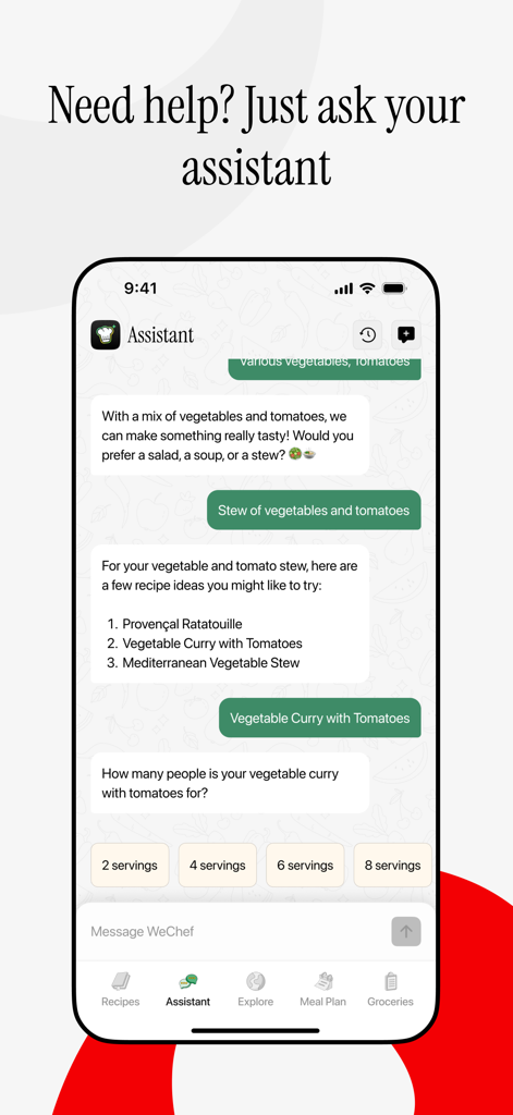 Interfaz del asistente de IA de la aplicación móvil WeChef que muestra sugerencias de recetas y opciones de selección de porciones.