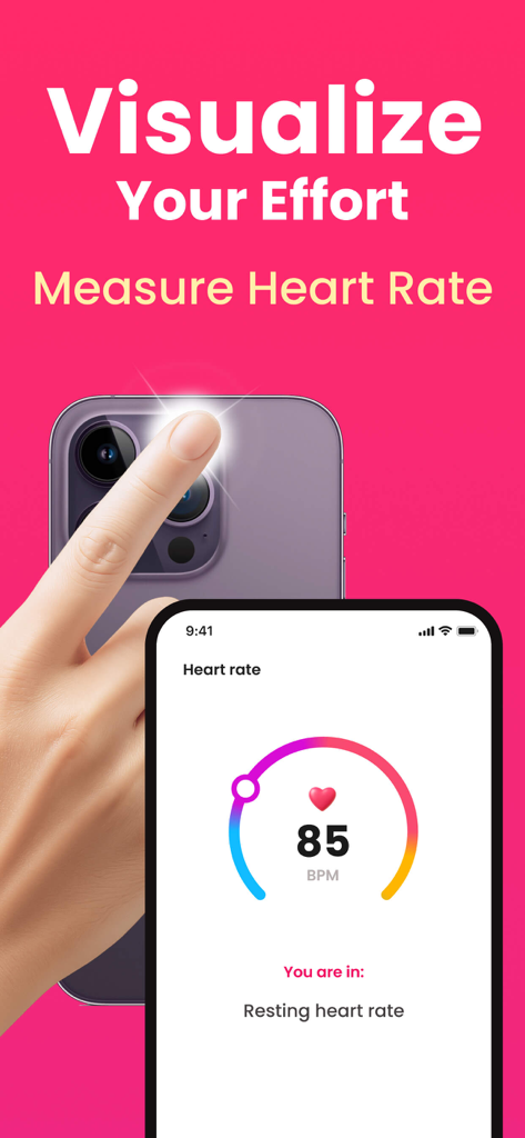 EasyFit AI-Home Workout - Eine Person misst ihre Herzfrequenz mit der EasyFit-App, indem sie einen Finger über das Smartphone-Kameragleis legt