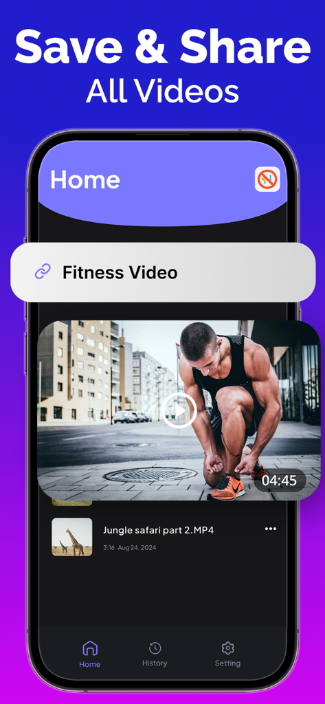 Video Downloader : Video Save - Home screen of the Video Downloader app showing a list of saved videos and sharing options