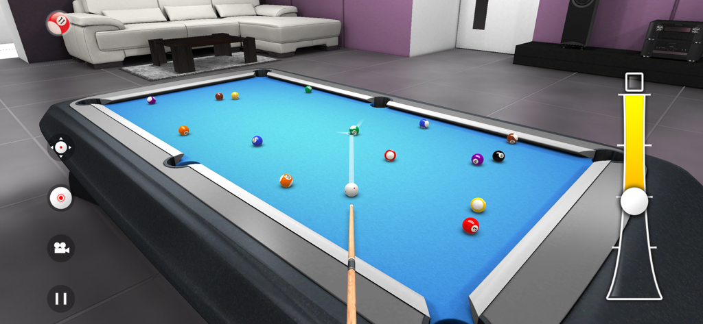 Pool Billiards 3D - 3D billiards game interface with a blue pool table and cue stick