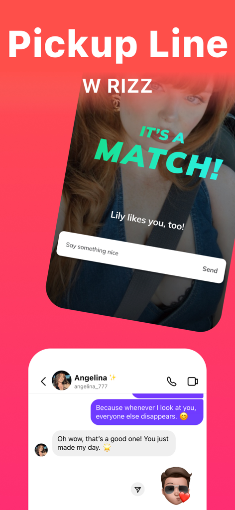 Texting AI - Wingman - Examples of AI-generated pickup lines and successful dating chat interactions with the RizzGPT wingman app.