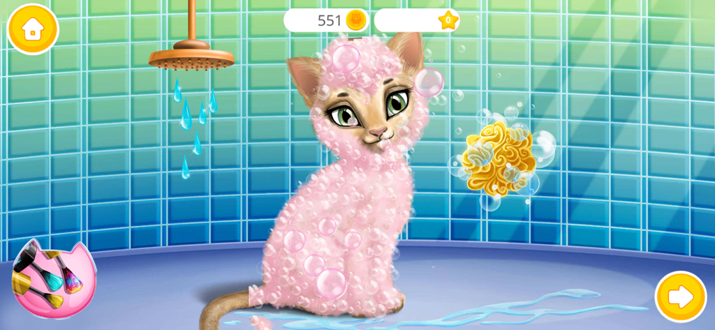 Cat Hair Salon Birthday Party - Un lindo gatito beige cubierto de burbujas de jabón rosa en una escena de ducha de baño