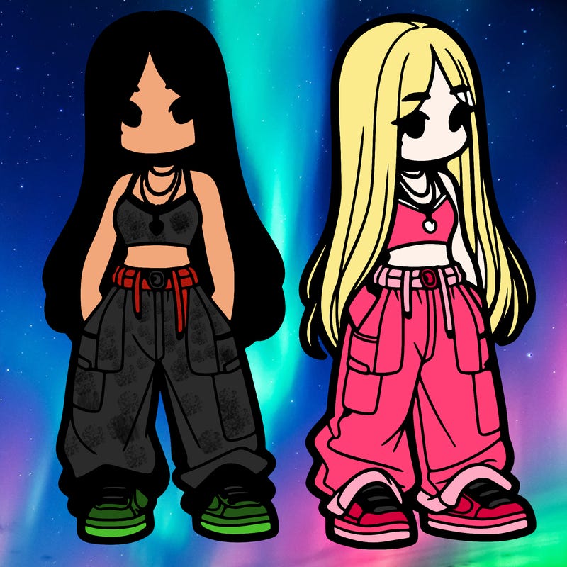 girl in baggy pants crop top and long hair