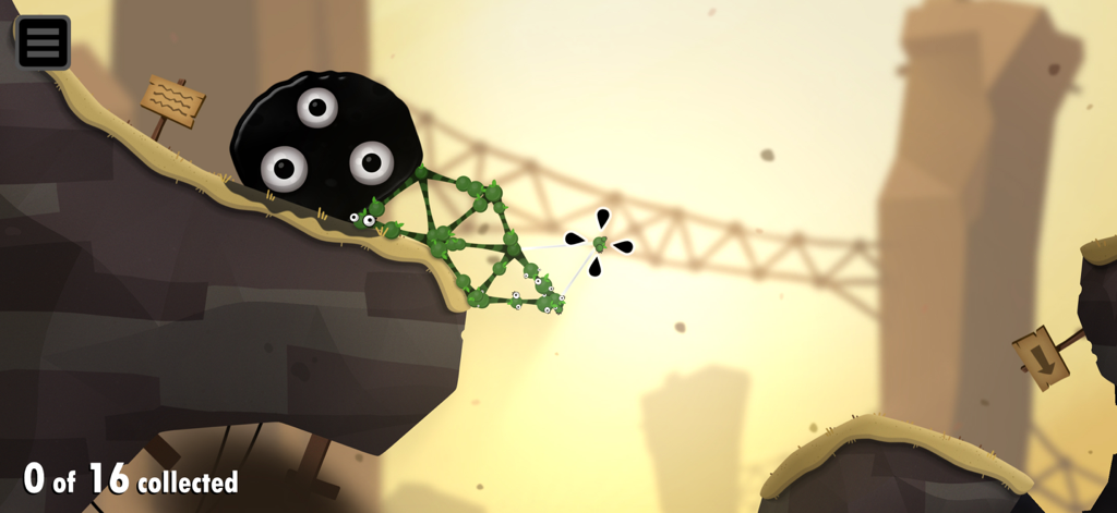 A physics based puzzle level in World of Goo 2 featuring a green goo ball structure next to a large three eyed black creature.