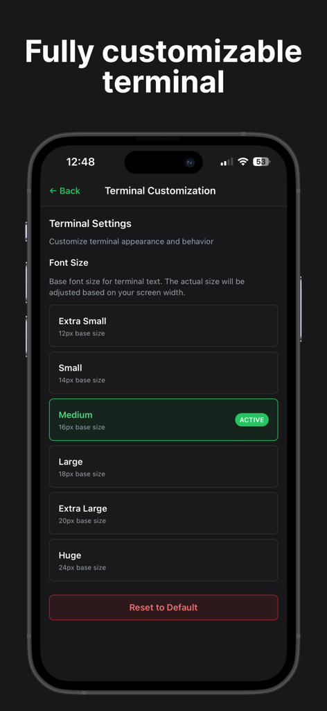 Termix - SSH Companion - Termix app interface for customizing terminal font size settings with options ranging from extra small to huge