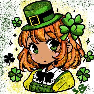a manga-style girl with clovers around her, a little hat in her hair, like it's saint patrick's day