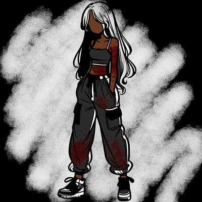 girl in baggy pants crop top and long hair